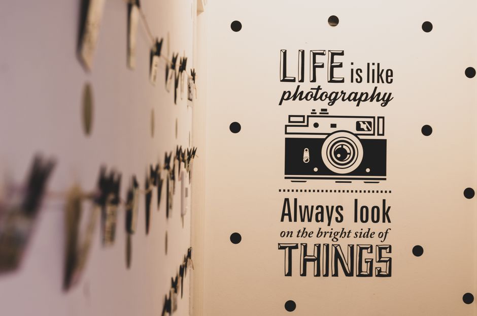 Wall art with a photography-themed inspirational quote and vintage camera graphic.